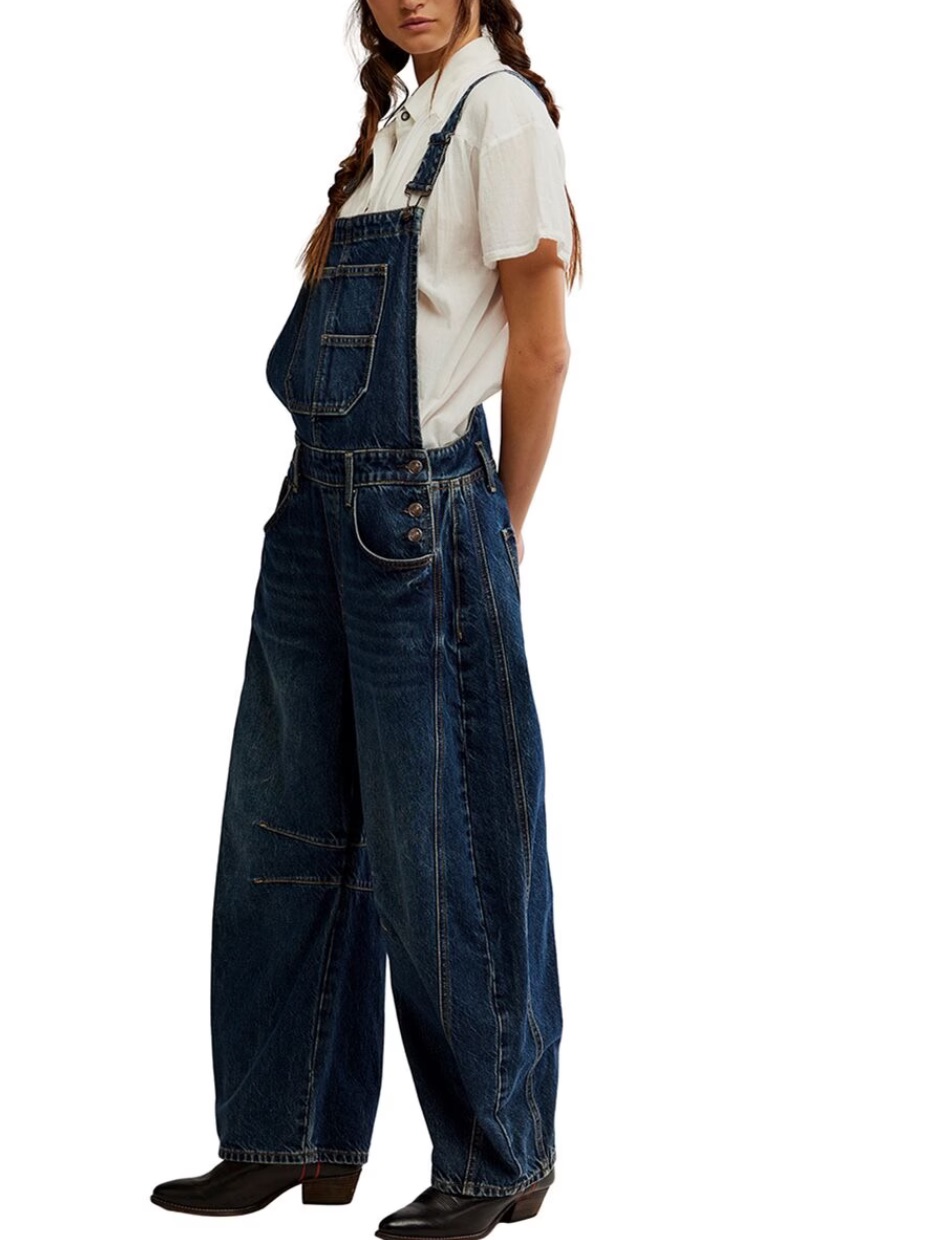 Free People Dark Blue Denim Wide-Leg Overalls